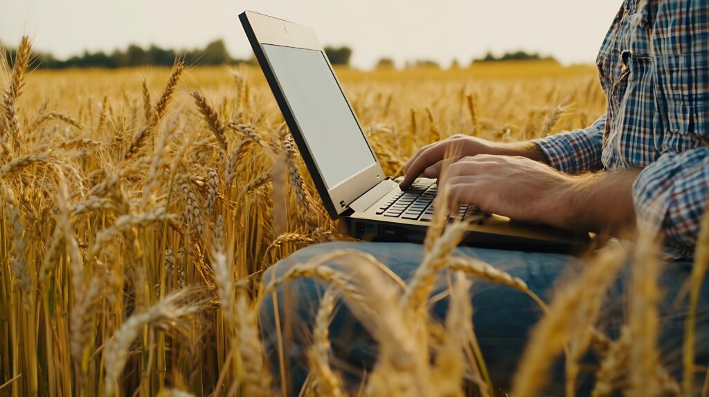 Rolnik korzystający z laptopa w inteligentnym rolnictwie.
Agronom (rolnik) z laptopem w polu pszenicy, korzystający z aplikacji i internetu.
