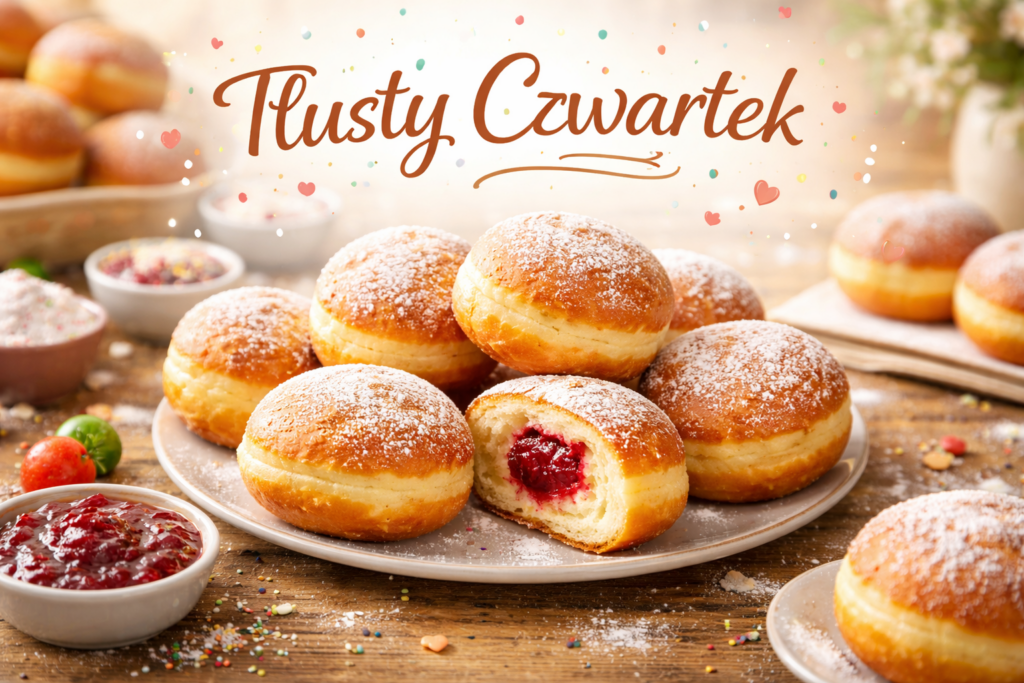 Talerz z pączkami posypanymi cukrem pudrem, w tym jeden przekrojony z widocznym nadzieniem malinowym; w tle miseczki z dżemem i posypkami.