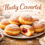 Talerz z pączkami posypanymi cukrem pudrem, w tym jeden przekrojony z widocznym nadzieniem malinowym; w tle miseczki z dżemem i posypkami.